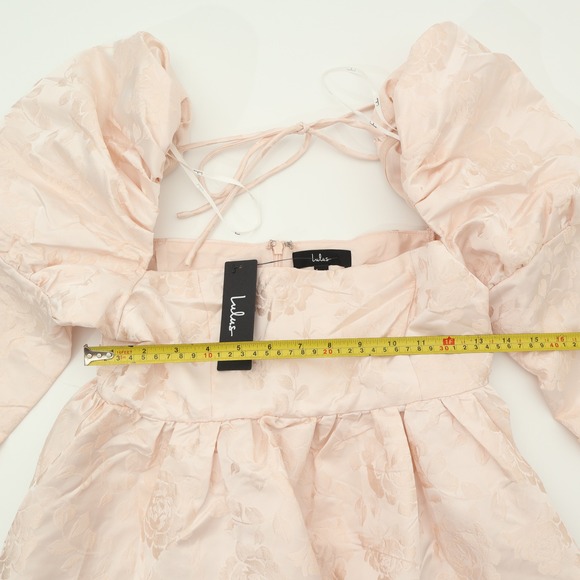 Lulus Pink Floral Jacquard Puff Sleeve Square Neck Tie Back Mini Dress NWT - Picture 7 of 11